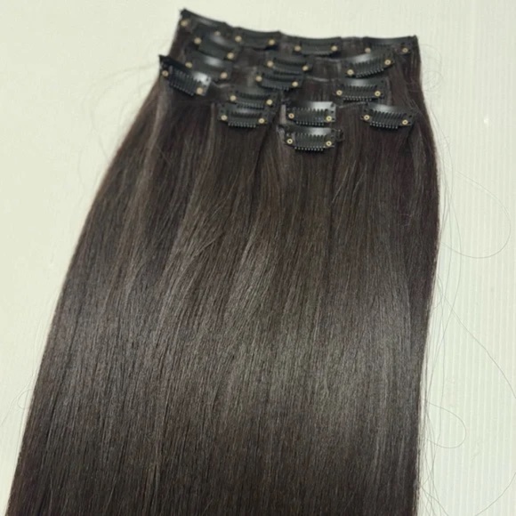 Human Hair Blend Clip-In Extensions | Long Straight Silky Hair | Dark Brown #3 - Picture 10 of 12